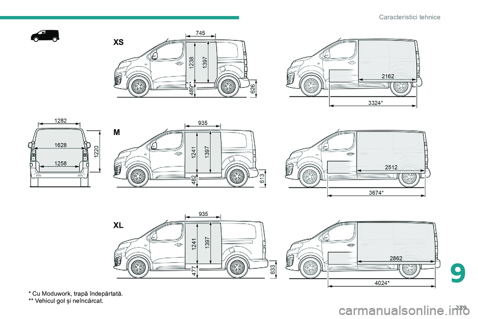 CITROEN JUMPER SPACETOURER 2020  Ghiduri De Utilizare (in Romanian) 229
XS
M
XL
* Cu Moduwork, trapă îndepărtată.
** Vehicul gol și neîncărcat.
9 
Caracteristici tehnice  