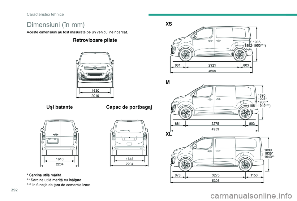 CITROEN JUMPER SPACETOURER 2018  Ghiduri De Utilizare (in Romanian) 292
Dimensiuni (în mm)
Aceste dimensiuni au fost măsurate pe un vehicul neîncărcat.
Retrovizoare pliate
Uși batante Capac de portbagajXS
M
XL
* Sarcina utilă mărită.
** Sarcină utilă mărit