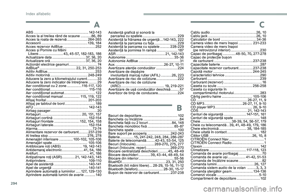CITROEN JUMPER SPACETOURER 2018  Ghiduri De Utilizare (in Romanian) 294
A
ABS ........................................................142-143
Acces la al treilea rând de scaune  ...........86, 
89
Acces la roata de rezer vă
 
.....................26

4-265
Accesorii