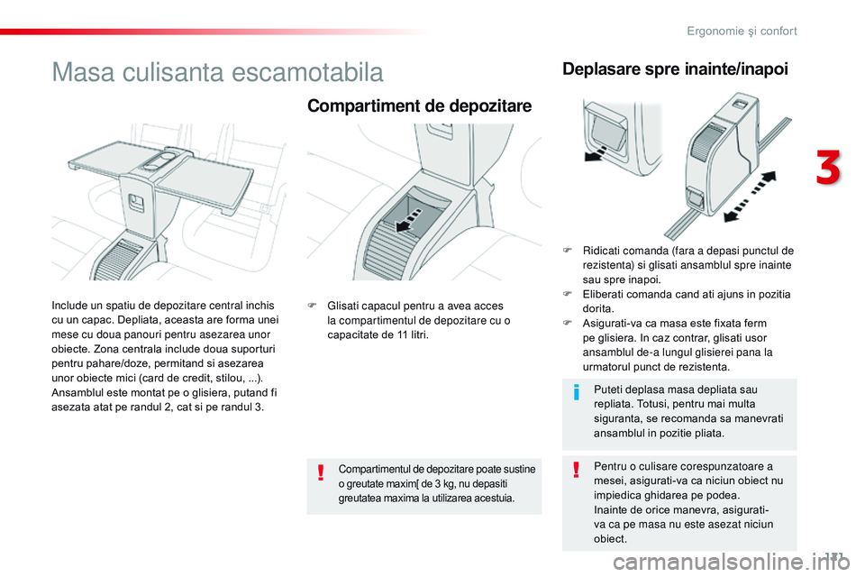 CITROEN JUMPER SPACETOURER 2017  Ghiduri De Utilizare (in Romanian) 121
Spacetourer-VP_ro_Chap03_ergonomie-et-confort_ed01-2016
Masa culisanta escamotabila
Compartiment de depozitare
Pentru o culisare corespunzatoare a 
mesei, asigurati-va ca niciun obiect nu 
impiedi