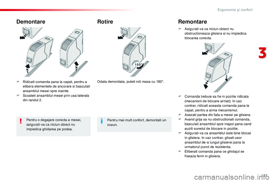 CITROEN JUMPER SPACETOURER 2017  Ghiduri De Utilizare (in Romanian) 123
Spacetourer-VP_ro_Chap03_ergonomie-et-confort_ed01-2016
F Ridicati comanda pana la capat, pentru a elibera elementele de ancorare si basculati 
ansamblul mesei spre inainte.
F
 
S
 coateti ansambl