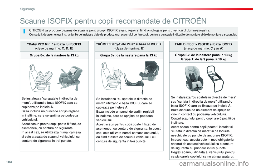 CITROEN JUMPER SPACETOURER 2017  Ghiduri De Utilizare (in Romanian) 184
Spacetourer-VP_ro_Chap05_securite_ed01-2016
Scaune ISOFIX pentru copii recomandate de CITROËN
CITROËN va propune o gama de scaune pentru copii ISOFIX avand reper si fiind omologate pentru vehicu