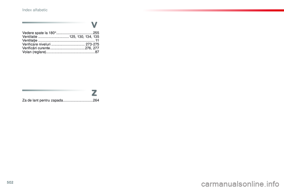 CITROEN JUMPER SPACETOURER 2017  Ghiduri De Utilizare (in Romanian) 502
Spacetourer-VP_ro_Chap11_index-alpha_ed01-2016
Z
Za de lant pentru zapada ..............................26 4
Vedere spate la 180°
..................................... 255
Ventilatie
 ...........
