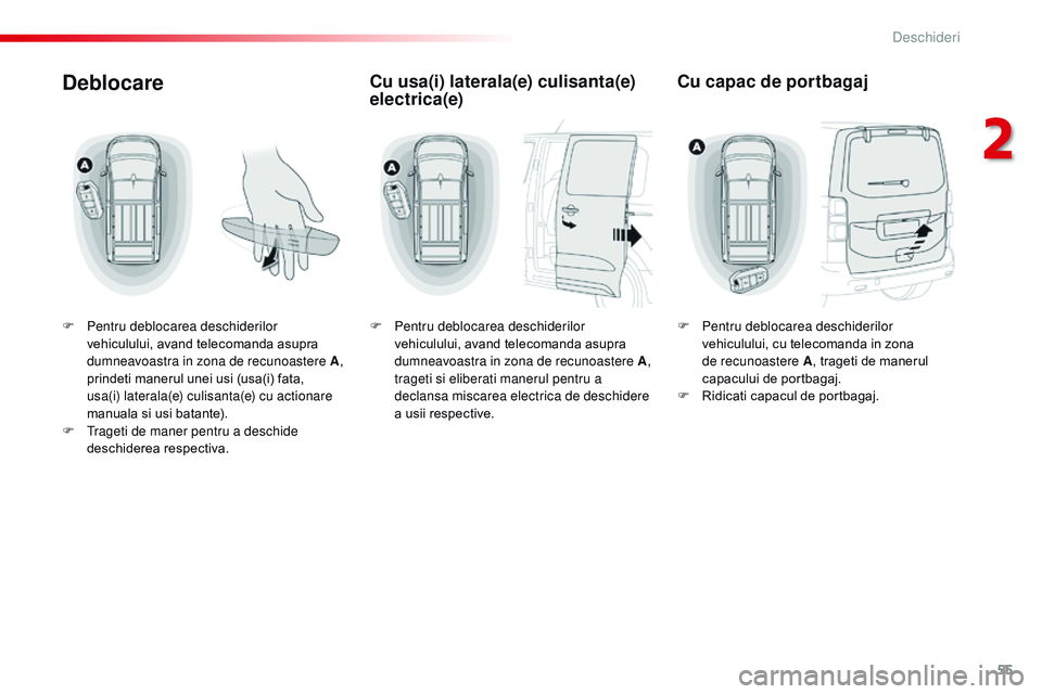 CITROEN JUMPER SPACETOURER 2017  Ghiduri De Utilizare (in Romanian) 55
Spacetourer-VP_ro_Chap02_ouvertures_ed01-2016
Deblocare
F Pentru deblocarea deschiderilor vehiculului, avand telecomanda asupra 
dumneavoastra in zona de recunoastere
  A, 
prindeti manerul unei us