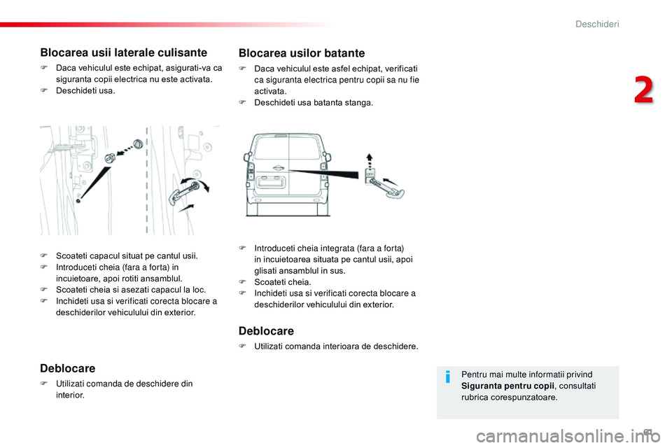 CITROEN JUMPER SPACETOURER 2017  Ghiduri De Utilizare (in Romanian) 61
Spacetourer-VP_ro_Chap02_ouvertures_ed01-2016
Pentru mai multe informatii privind 
Siguranta pentru copii, consultati 
rubrica corespunzatoare.
Blocarea usii laterale culisante
F Daca vehiculul est