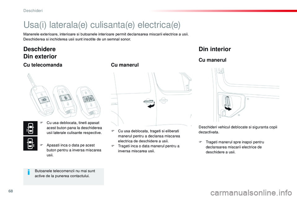 CITROEN JUMPER SPACETOURER 2017  Ghiduri De Utilizare (in Romanian) 68
Spacetourer-VP_ro_Chap02_ouvertures_ed01-2016
Usa(i) laterala(e) culisanta(e) electrica(e)
Manerele exterioare, interioare si butoanele interioare permit declansarea miscarii electrice a usii.
Desc