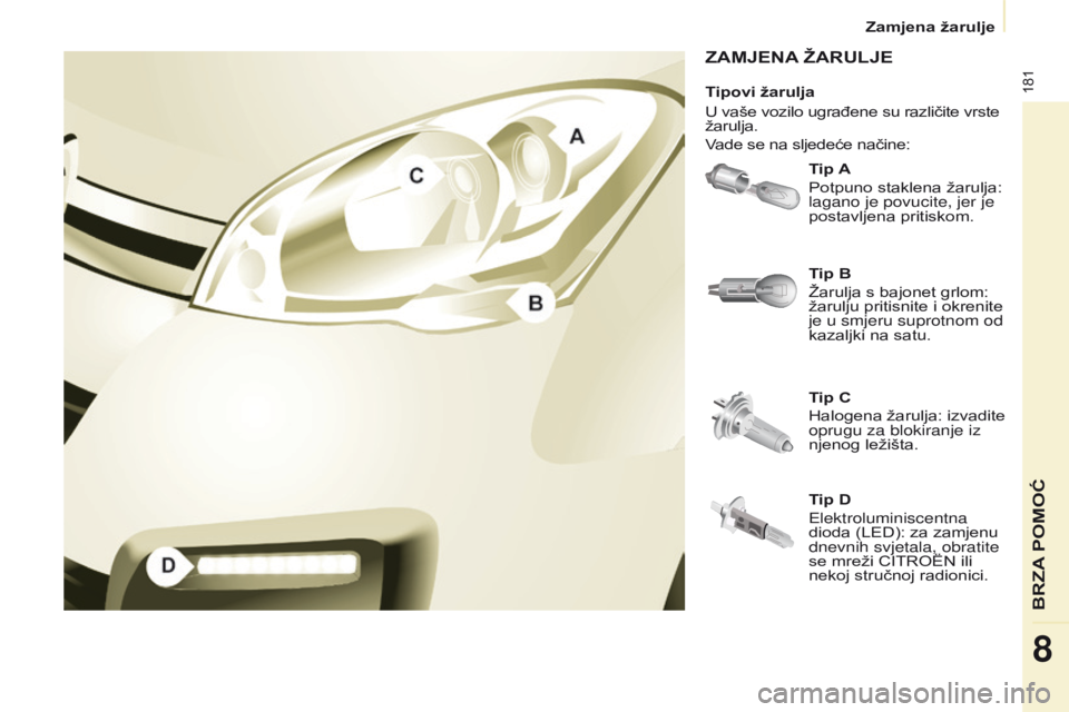 CITROEN BERLINGO MULTISPACE 2017  Upute Za Rukovanje (in Croatian) 181
Berlingo2VP_hr_Chap08_Aide-rapide_ed02-2016Berlingo2VP_hr_Chap08_Aide-rapide_ed02-2016
ZAMJENA ŽARULJE
Tip A
Potpuno staklena žarulja: 
lagano je povucite, jer je 
postavljena pritiskom.
Tip C
H