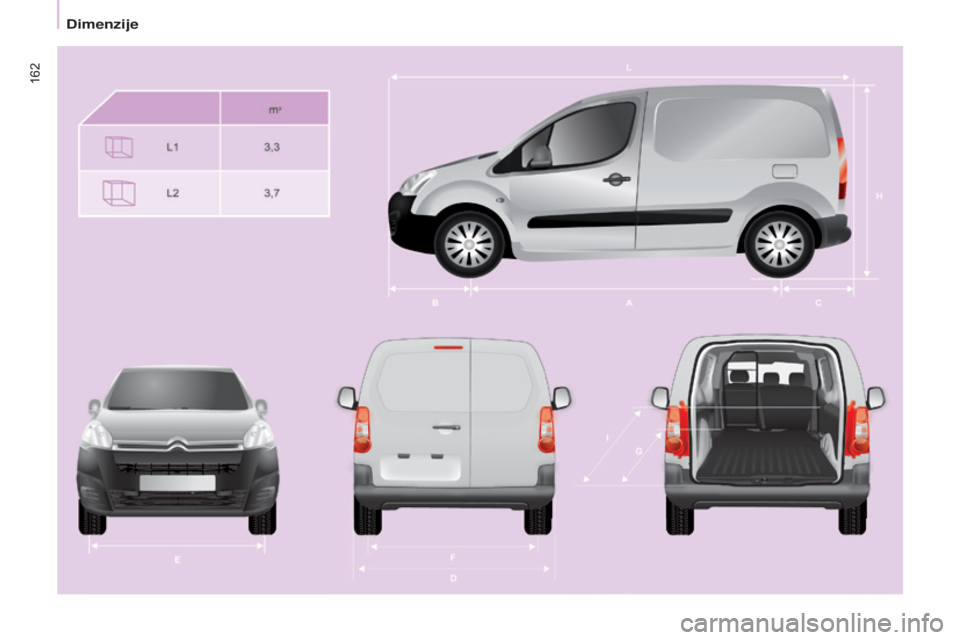 CITROEN BERLINGO ELECTRIC 2017  Upute Za Rukovanje (in Croatian) 162
Berlingo-2-VU_hr_Chap09_Caract_technique_ed01-2015
Berlingo-2-VU_hr_Chap09_Caract_technique_ed01-2015 
Dimenzije  