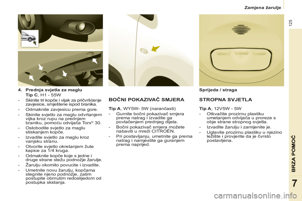 CITROEN BERLINGO ELECTRIC 2015 Upute Za Rukovanje (in Croatian)
Zamjena žarulje
125
7
4.
Prednja svjetla za maglu
Tip C
, H1 - 55W
- Skinite tri kopče i vijak za pričvršćenje
zavjesice, smještene ispod branika.
- Od CITROEN BERLINGO ELECTRIC 2015 Upute Za Rukovanje (in Croatian)
Zamjena žarulje
125
7
4.
Prednja svjetla za maglu
Tip C
, H1 - 55W
- Skinite tri kopče i vijak za pričvršćenje
zavjesice, smještene ispod branika.
- Od