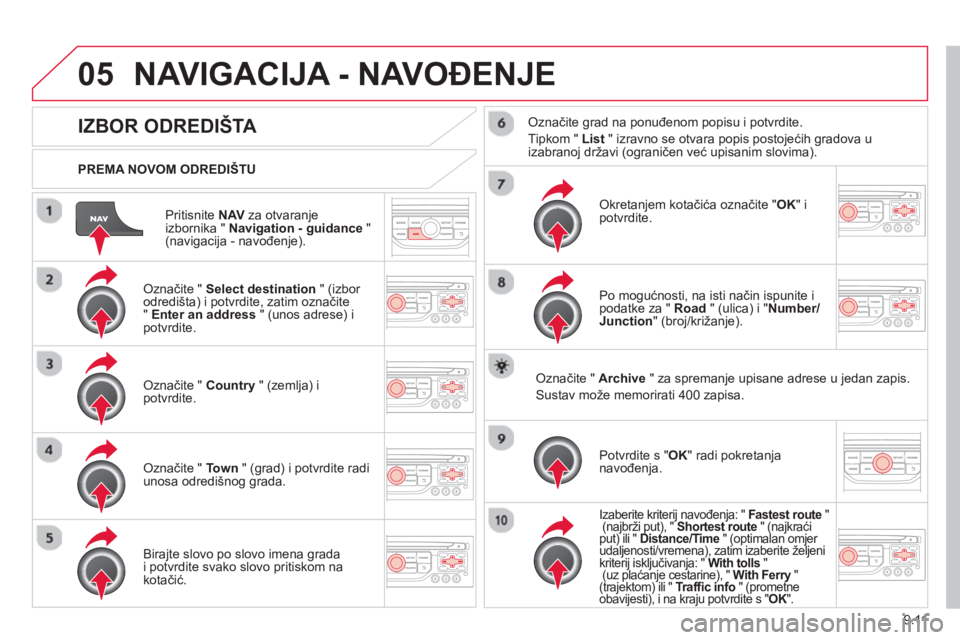 CITROEN BERLINGO ELECTRIC 2015  Upute Za Rukovanje (in Croatian) 9.11
05
Pritisnite NAV 
 za otvaranje
izbornika "  Navigation - guidance 
 " (navigacija - navođenje).    
PREMA NOVOM ODREDIŠTU  
NAVIGACIJA - NAVOĐENJE 
IZBOR ODREDIŠTA 
 
 Označite "  Select d