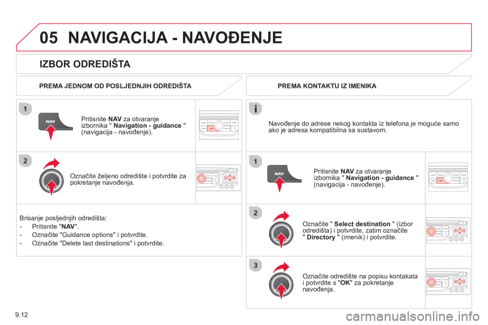 CITROEN BERLINGO ELECTRIC 2015  Upute Za Rukovanje (in Croatian) 9.12
05
   
IZBOR ODREDIŠTA 
NAVIGACIJA - NAVOĐENJE 
 
 
PREMA JEDNOM OD POSLJEDNJIH ODREDIŠTA 
 
Priti
snite  NAVza otvaranje
izbornika " Navigation - guidance 
 " (navigacija - navođenje). 
   
