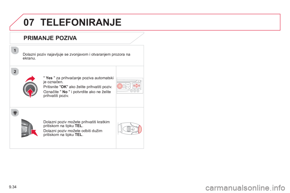 CITROEN BERLINGO ELECTRIC 2015  Upute Za Rukovanje (in Croatian) 9.34
07TELEFONIRANJE 
   
PRIMANJE POZIVA 
 
 
Dolazni poziv najavljuje se zvonjavom i otvaranjem prozora naekranu.  
" Ye s 
 " za prihvaćanje poziva automatski 
je označen.
Priti
snite " OK 
" ako