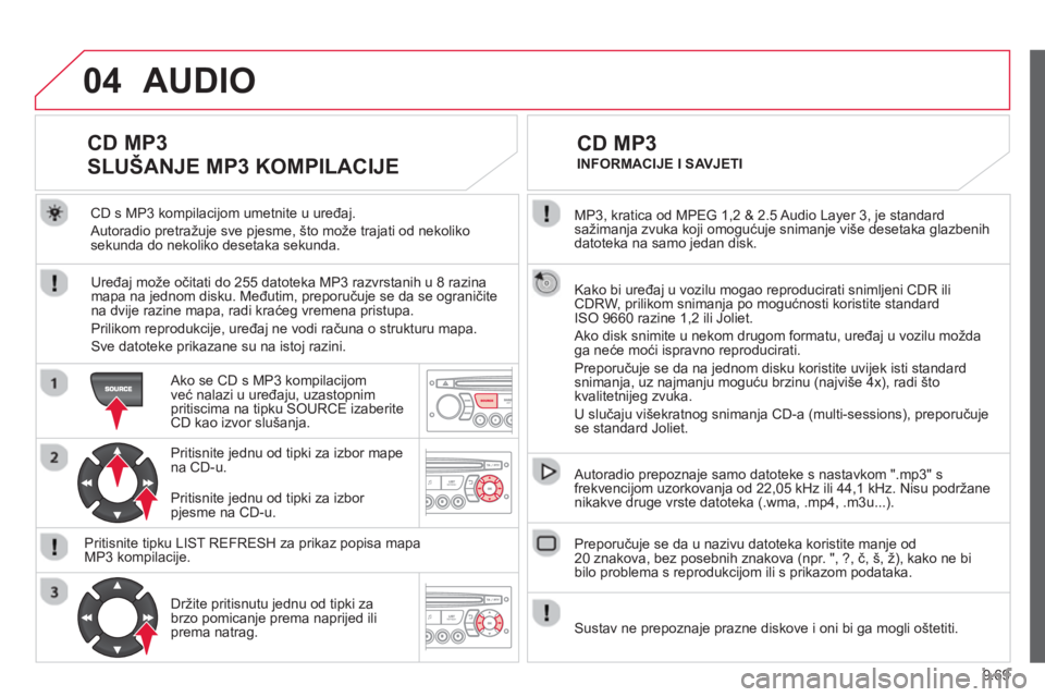 CITROEN BERLINGO ELECTRIC 2015 Upute Za Rukovanje (in Croatian) 9.69
04
MP3, kratica od MPEG 1,2 & 2.5 Audio Layer 3, je standardsažimanja zvuka koji omogućuje snimanje više desetaka glazbenihdatoteka na samo jedan disk.
Kako bi uređaj u vozilu mogao rep CITROEN BERLINGO ELECTRIC 2015 Upute Za Rukovanje (in Croatian) 9.69
04
MP3, kratica od MPEG 1,2 & 2.5 Audio Layer 3, je standardsažimanja zvuka koji omogućuje snimanje više desetaka glazbenihdatoteka na samo jedan disk.
Kako bi uređaj u vozilu mogao rep