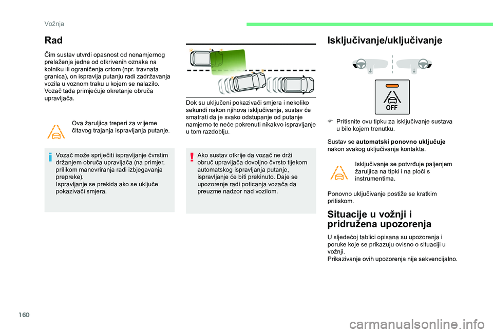 CITROEN BERLINGO VAN 2019  Upute Za Rukovanje (in Croatian) 160
Rad
Čim sustav utvrdi opasnost od nenamjernog 
prelaženja jedne od otkrivenih oznaka na 
kolniku ili ograničenja crtom (npr. travnata 
granica), on ispravlja putanju radi zadržavanja 
vozila u