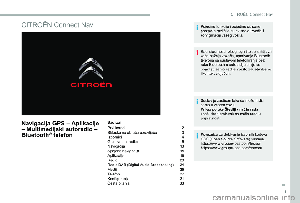CITROEN BERLINGO VAN 2019  Upute Za Rukovanje (in Croatian) 1
CITROËN Connect Nav
Navigacija GPS – Aplikacije 
– Multimedijski autoradio – 
Bluetooth
® telefon
Sadržaj
Pr vi koraci 
2
S

klopke na obruču upravljača  
3
I

zbornici
 4
G

lasovne nare