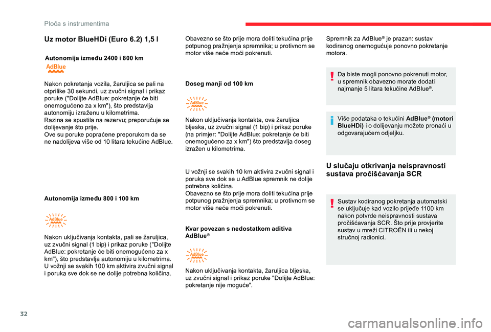 CITROEN BERLINGO VAN 2019  Upute Za Rukovanje (in Croatian) 32
Uz motor BlueHDi (Euro 6.2) 1,5 l
Autonomija između 2400 i 800 km
A utonomija između 800 i 100   kmDoseg manji od 100
  km 
U vožnji se svakih 10
  km aktivira zvučni signal i 
poruka sve dok s
