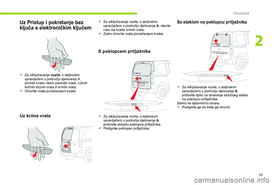 CITROEN BERLINGO VAN 2019  Upute Za Rukovanje (in Croatian) 39
Uz Pristup i pokretanje bez 
ključa s elektroničkim ključem
Uz krilna vrata
F Za otključavanje vozila, s daljinskim 
upravljačem u području djelovanja A, 
primite kvaku nekih prednjih vrata, 