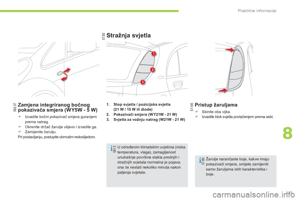 CITROEN C-ZERO 2016  Upute Za Rukovanje (in Croatian) 5 7. 8 0
5 7.1 0 5
5 81.5 583.37
5 7. 8 0
111
C-zero_hr_Chap08_info-pratiques_ed01-2014
1. Stop svjetla / pozicijska svjetla   (21   W / 15   W ili diode)
2.
 P

okazivači smjera (W Y21W - 21   W)
3.