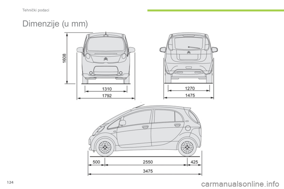 CITROEN C-ZERO 2014  Upute Za Rukovanje (in Croatian) Tehnički podaci
124
   
 
 
 
 
Dimenzije (u mm)  
