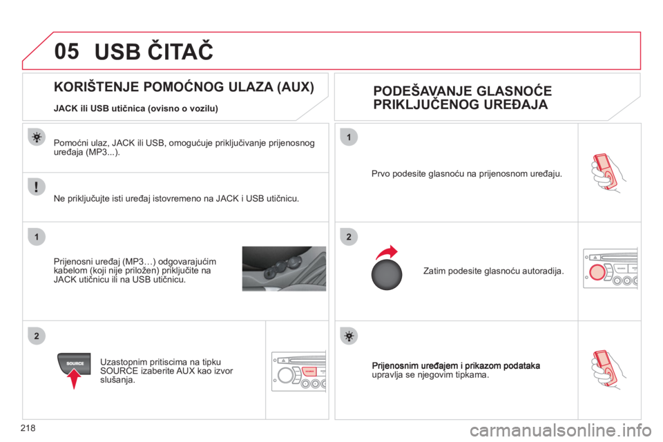 CITROEN C3 PICASSO 2012  Upute Za Rukovanje (in Croatian) 218
05
1
21
2
SOURCEupravlja se njegovim tipkama. Prvo podesite 
glasnoću na prijenosnom uređaju.
  Zatim podesite 
glasnoću autoradija.
 
 
 
 
 
 
 
 
 
 
 
 
 
 
 
 
 
 
 
KORIŠTENJE POMOĆNOG 