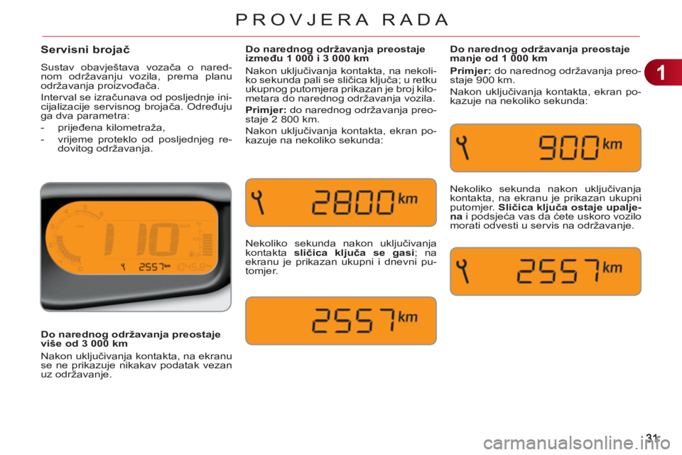 CITROEN C3 PICASSO 2012  Upute Za Rukovanje (in Croatian) 1
PROVJERA RADA
Servisni brojač
 
Sustav obavještava vozača o nared-
nom održavanju vozila, prema planu 
održavanja proizvođača. 
  Interval se izračunava od posljednje ini-
cijalizacije servi