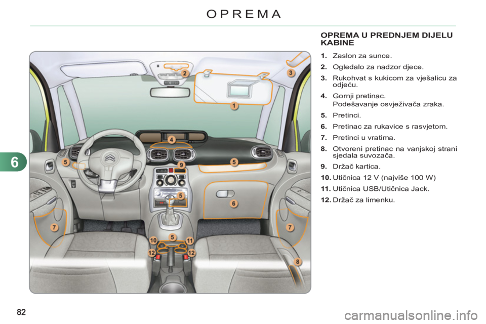 CITROEN C3 PICASSO 2012  Upute Za Rukovanje (in Croatian) 6
OPREMA
OPREMA U PREDNJEM DIJELU KABINE
   
 
 
1. 
  Zaslon za sunce. 
   
2. 
  Ogledalo za nadzor djece. 
   
3. 
  Rukohvat s kukicom za vješalicu za 
odjeću. 
   
4. 
 Gornji pretinac.  
 Pode
