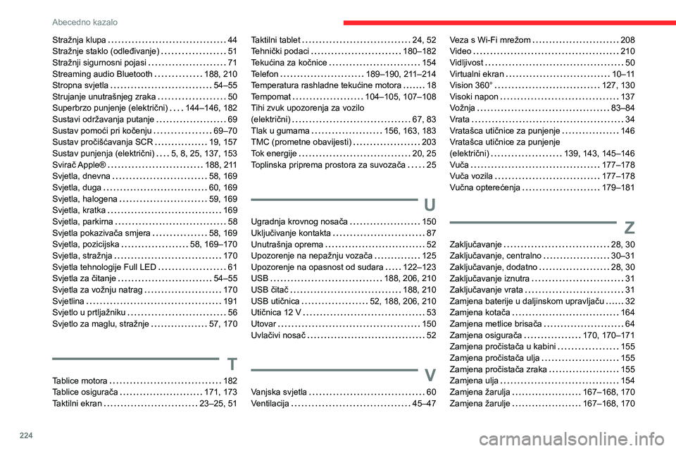 CITROEN C4 2021  Upute Za Rukovanje (in Croatian) 224
Abecedno kazalo
Stražnja klupa     44
Stražnje staklo (odleđivanje)     
51
Stražnji sigurnosni pojasi
    
71
Streaming audio Bluetooth
    
188, 210
Stropna svjetla
    
54–55
Strujanje un
