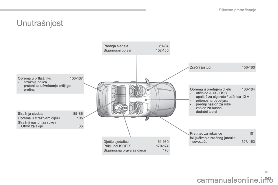 CITROEN C4 AIRCROSS 2014  Upute Za Rukovanje (in Croatian) .
343
Slikovno pretraživanje
  Unutrašnjost  
 
 
Oprema u prtljažniku  106 -107 
   
 
-  stražnja polica 
   
-   prsteni za učvršćenje prtljage 
   
-  pretinci  
 
   
Dječje sjedalice  16