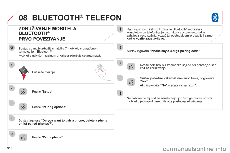 CITROEN C4 AIRCROSS 2013  Upute Za Rukovanje (in Croatian) 312
08
2
4
1
6
8
3
5
7
BLUETOOTH®   TELEFON®
Sustav se može združiti s najviše 7 mobitela s ugrađenom 
tehnologijom Bluetooth®  .
Mobitel s najvišom razinom prioriteta združuje se automatski.