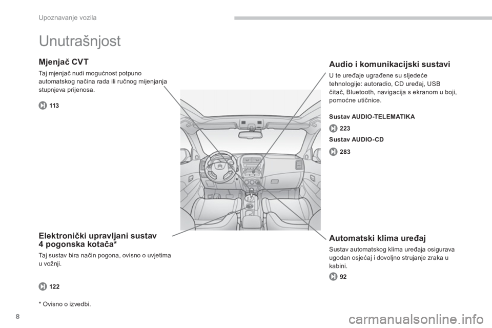 CITROEN C4 AIRCROSS 2013  Upute Za Rukovanje (in Croatian) 8
Upoznavanje vozila
  Unutrašnjost  
Elektronički upravljani sustav4 pogonska kotača *
Taj sustav bira način pogona, ovisno o uvjetima
u vožnji.
Mjenjač CVT
Taj mjenjač nudi mogućnost potpuno