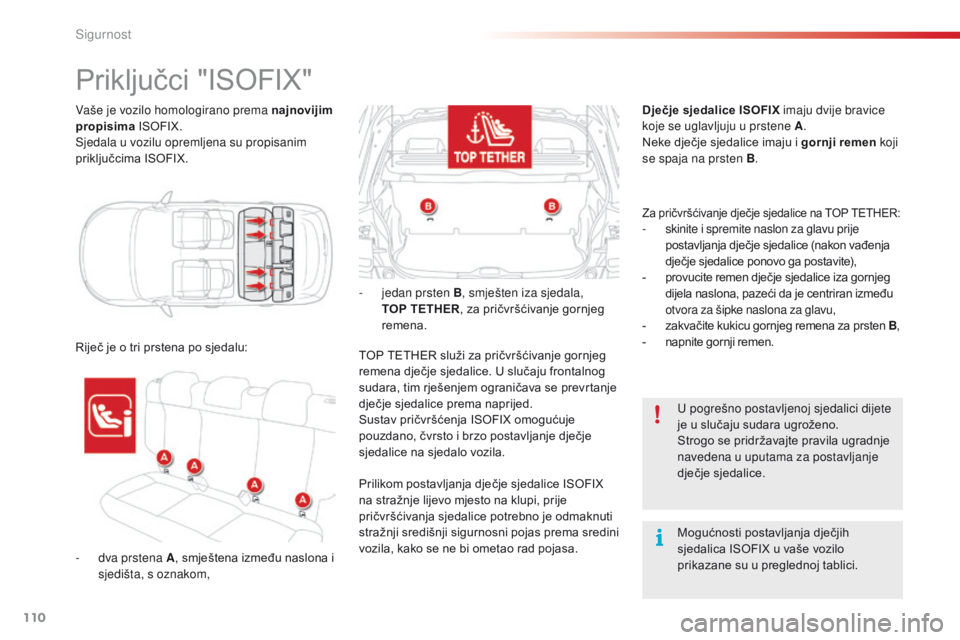CITROEN C4 CACTUS 2016  Upute Za Rukovanje (in Croatian) 110
C4-cactus_hr_Chap05_securite_ed01-2015
Vaše je vozilo homologirano prema najnovijim 
propisima ISOFIX.
Sjedala u vozilu opremljena su propisanim 
priključcima ISOFIX.
Priključci "ISOFIX"
