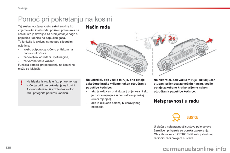 CITROEN C4 CACTUS 2016  Upute Za Rukovanje (in Croatian) 128
C4-cactus_hr_Chap06_conduite_ed01-2015
Pomoć pri pokretanju na kosini
Taj sustav održava vozilo zakočeno kratko 
vrijeme (oko 2  sekunde) prilikom pokretanja na 
kosini, što je dovoljno za pre