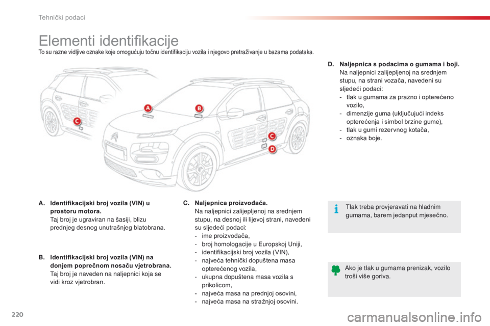 CITROEN C4 CACTUS 2016  Upute Za Rukovanje (in Croatian) 220
C4-cactus_hr_Chap09_caracteristiques-techniques_ed01-2015
Elementi identifikacijeTo su razne vidljive oznake koje omogućuju točnu identifikaciju vozila i njegovo pretraživanje u bazama podataka
