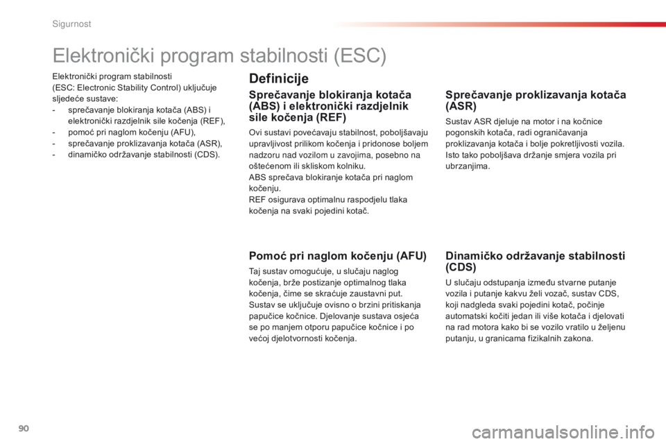 CITROEN C4 CACTUS 2016  Upute Za Rukovanje (in Croatian) 90
C4-cactus_hr_Chap05_securite_ed01-2015
Elektronički program stabilnosti  
(ESC: Electronic Stability Control) uključuje 
sljedeće sustave:
- 
s
 prečavanje blokiranja kotača (ABS) i 
elektroni