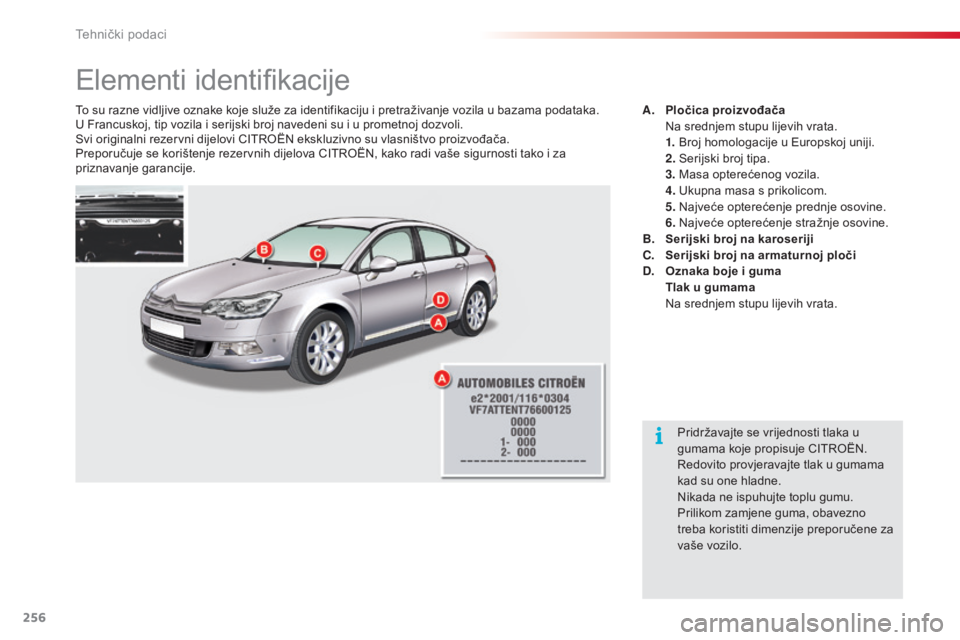 CITROEN C5 2015  Upute Za Rukovanje (in Croatian) 256
C5_hr_Chap10_caracteristique_ed01-2014
elementi identifikacije
To su razne vidljive oznake koje služe za identifikaciju i pretraživanje vozila u bazama podataka.
U Francuskoj, tip vozila i serij