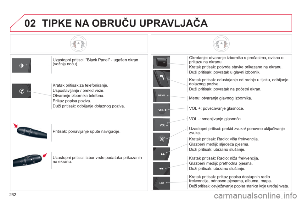 CITROEN C5 2015  Upute Za Rukovanje (in Croatian) 02
MENU
LIST
262
C5_hr_Chap11b_rT6-2-8_ed01-2014
TIPKE NA OBRUČU   UPRAVLJAČA
Uzastopni pritisci: "Black Panel" - ugašen ekran 
(vožnja noću).
k

ratak pritisak za telefoniranje.
Uspostav