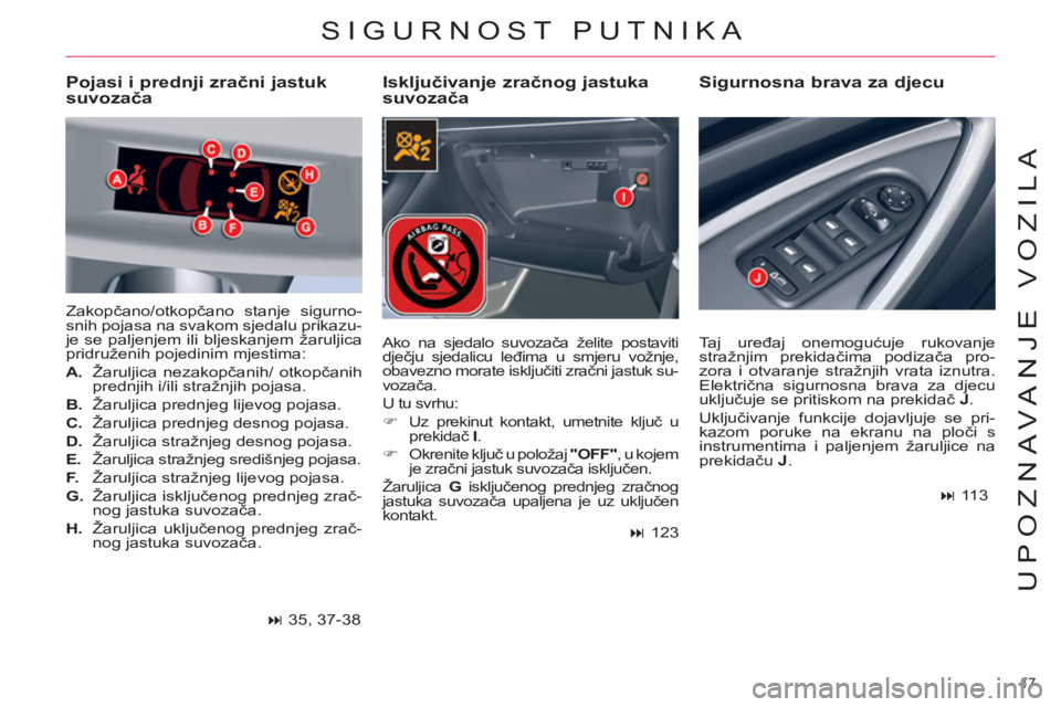 CITROEN C5 2014 Upute Za Rukovanje (in Croatian) 17
UPOZNAVANJE VOZILA
SIGURNOST PUTNIKA
Isključivanje zračnog jastuka
suvozača
Sigurnosna brava za djecu
Pojasi i prednji zračni jastuk
suvozača
Zakopčano/otkopčano stanje CITROEN C5 2014 Upute Za Rukovanje (in Croatian) 17
UPOZNAVANJE VOZILA
SIGURNOST PUTNIKA
Isključivanje zračnog jastuka
suvozača
Sigurnosna brava za djecu
Pojasi i prednji zračni jastuk
suvozača
Zakopčano/otkopčano stanje
