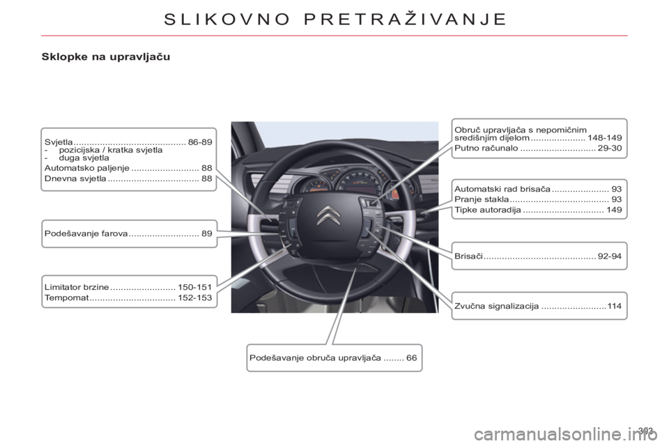 CITROEN C5 2014  Upute Za Rukovanje (in Croatian) 303 
SLIKOVNO PRETRAŽIVANJE
   
Svjetla ........................................... 86-89 
   
 
-   pozicijska / kratka svjetla 
   
-  duga svjetla  
  Automatsko paljenje .........................