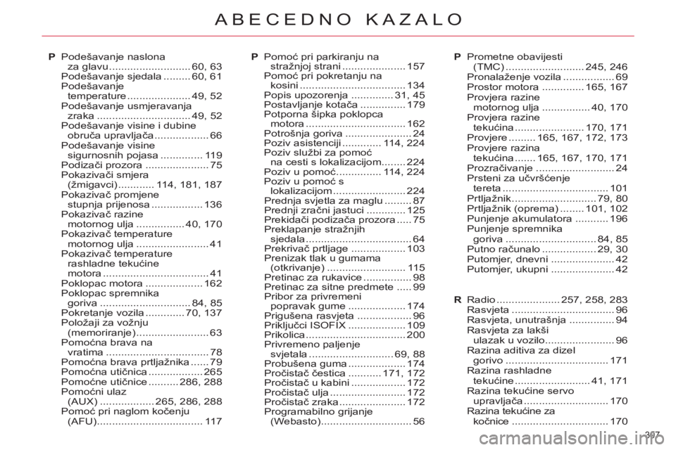 CITROEN C5 2014  Upute Za Rukovanje (in Croatian) 307 
ABECEDNO KAZALO
P Podešavanje naslona 
za glavu ........................... 60, 63
  Podešavanje sjedala ......... 60, 61
 Podešavanje 
temperature ..................... 49,  52
 Podešavanje 