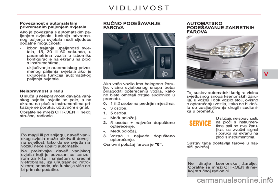 CITROEN C5 2014 Upute Za Rukovanje (in Croatian) V
89
VIDLJIVOST
Povezanost s automatskim
privremenim paljenjem svjetala
Ako je povezana s automatskim pa-
ljenjem svjetala, funkcija privreme-
nog paljenja svjetala nudi sljedeće
dodatne mo CITROEN C5 2014 Upute Za Rukovanje (in Croatian) V
89
VIDLJIVOST
Povezanost s automatskim
privremenim paljenjem svjetala
Ako je povezana s automatskim pa-
ljenjem svjetala, funkcija privreme-
nog paljenja svjetala nudi sljedeće
dodatne mo