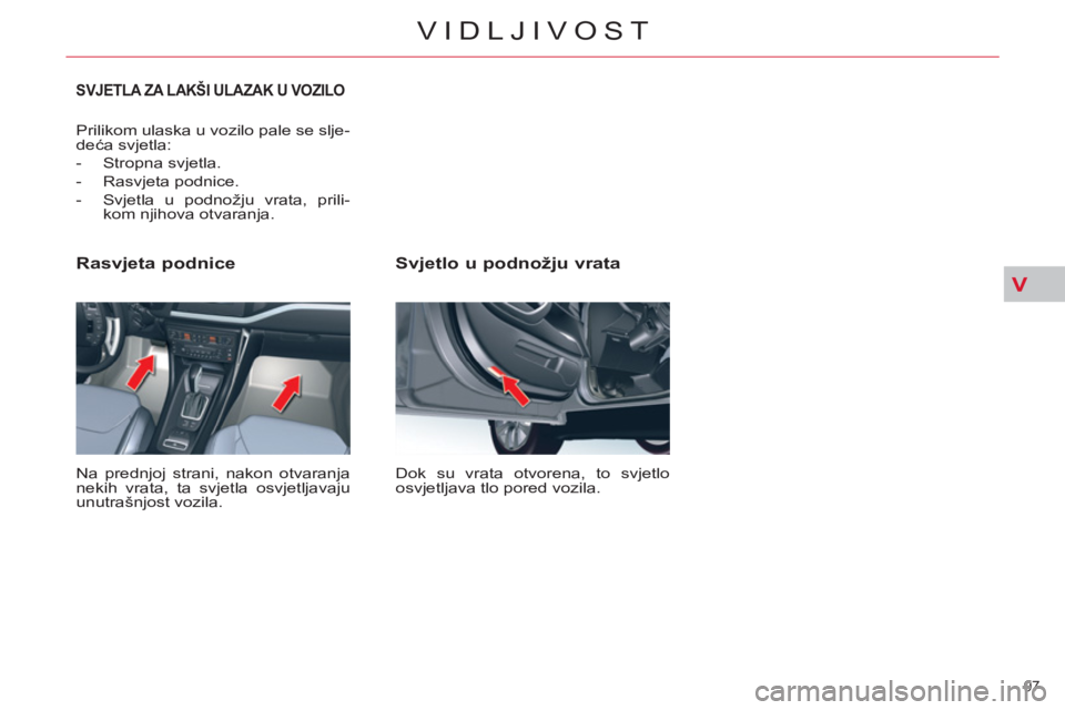 CITROEN C5 2014  Upute Za Rukovanje (in Croatian) V
97 
VIDLJIVOST
   
Svjetlo u podnožju vrata 
 
Dok su vrata otvorena, to svjetlo 
osvjetljava tlo pored vozila.  
 
 
Rasvjeta podnice 
 
Na prednjoj strani, nakon otvaranja 
nekih vrata, ta svjetl