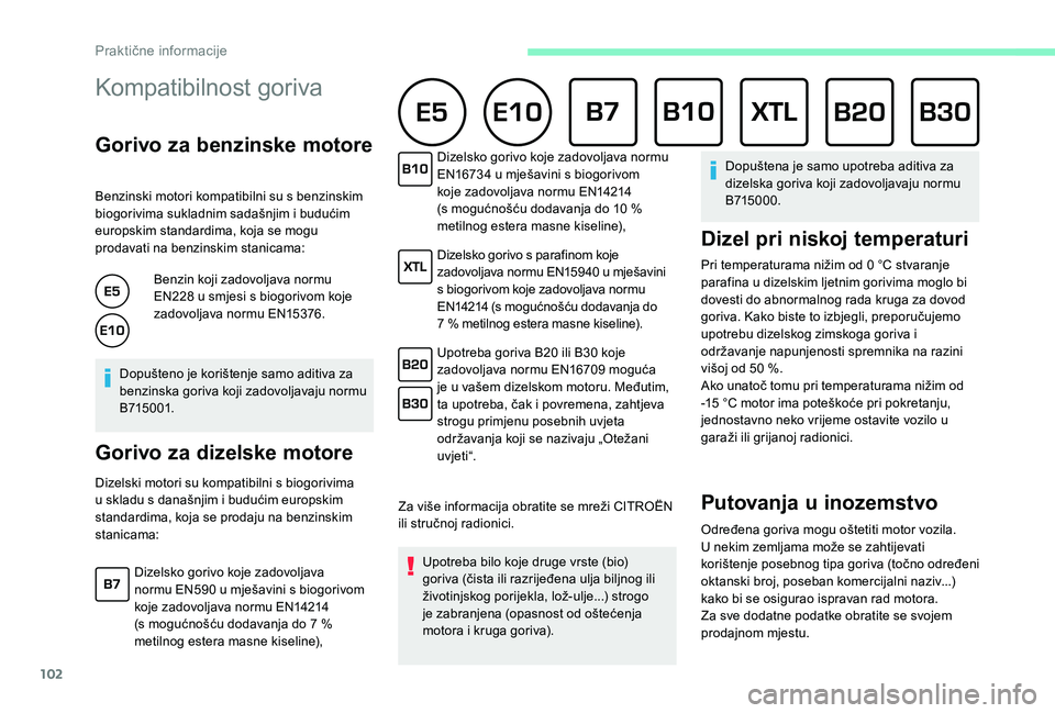 CITROEN C-ELYSÉE 2018 Upute Za Rukovanje (in Croatian) 102
Kompatibilnost goriva
Gorivo za benzinske motore
Benzinski motori kompatibilni su s benzinskim
biogorivima sukladnim sadašnjim i budućim
europskim standardima, koja se mogu
prodavati na benzi CITROEN C-ELYSÉE 2018 Upute Za Rukovanje (in Croatian) 102
Kompatibilnost goriva
Gorivo za benzinske motore
Benzinski motori kompatibilni su s benzinskim
biogorivima sukladnim sadašnjim i budućim
europskim standardima, koja se mogu
prodavati na benzi
