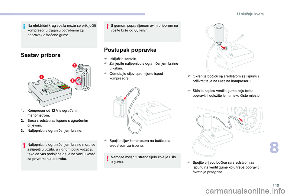 CITROEN C-ELYSÉE 2018  Upute Za Rukovanje (in Croatian) 119
Na električni krug vozila može se priključiti 
kompresor u trajanju potrebnom za 
popravak oštećene gume.
Sastav pribora
1.Kompresor od 12   V s ugrađenim 
manometrom.
2. Boca sredstva za is