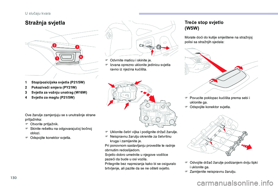 CITROEN C-ELYSÉE 2018 Upute Za Rukovanje (in Croatian) 130
Stražnja svjetlaTreće stop svjetlo
(W5W)
Morate doći do kutije smještene na stražnjoj
polisi sa stražnjih sjedala:
F
O
dvojite držač žarulje podizanjem dviju tipki
i uklonite ga.
F
CITROEN C-ELYSÉE 2018 Upute Za Rukovanje (in Croatian) 130
Stražnja svjetlaTreće stop svjetlo
(W5W)
Morate doći do kutije smještene na stražnjoj
polisi sa stražnjih sjedala:
F
O
dvojite držač žarulje podizanjem dviju tipki
i uklonite ga.
F