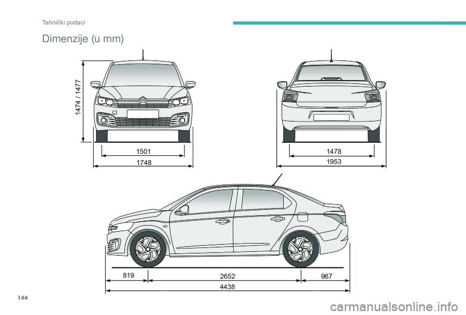 CITROEN C-ELYSÉE 2018  Upute Za Rukovanje (in Croatian) 144
Dimenzije (u mm) 
Tehnički podaci  