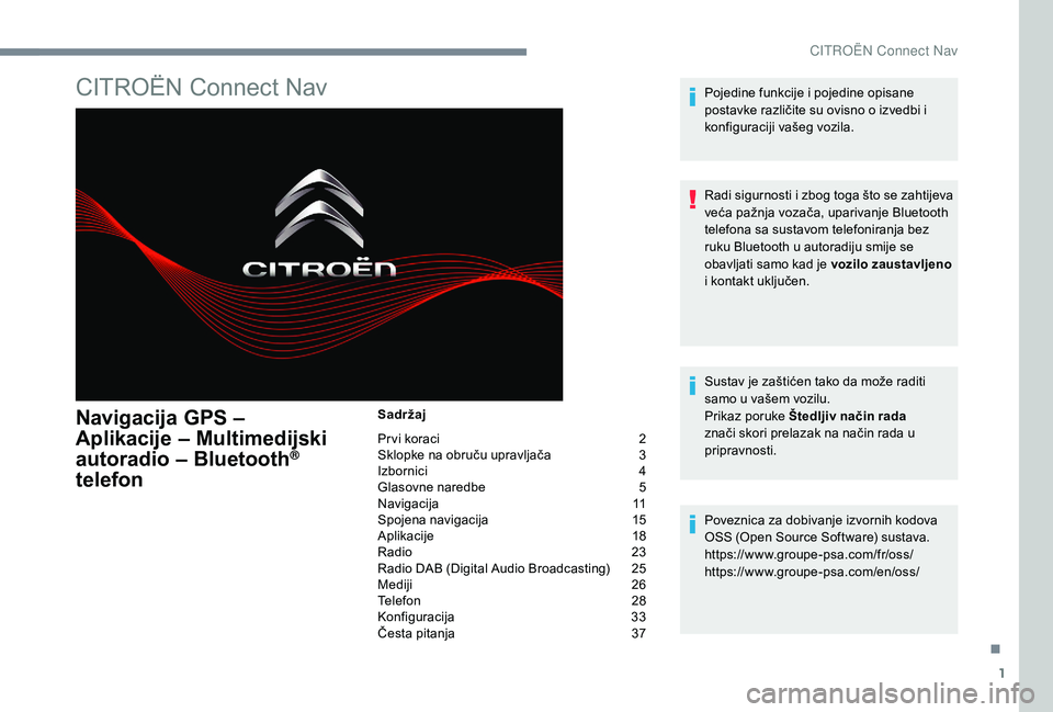 CITROEN C-ELYSÉE 2018  Upute Za Rukovanje (in Croatian) 1
CITROËN Connect Nav
Navigacija GPS –  
Aplikacije – Multimedijski 
autoradio – Bluetooth
® 
telefon
Sadržaj
Pr vi koraci 
 
2
S

klopke na obruču upravljača   
3
I

zbornici   
4
G

lasov
