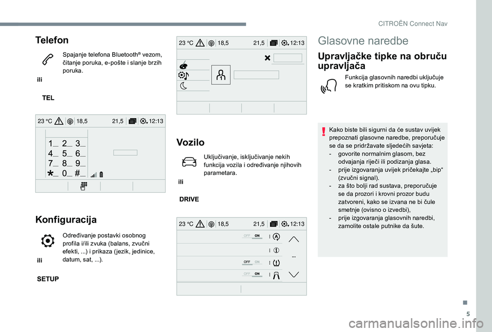 CITROEN C-ELYSÉE 2018 Upute Za Rukovanje (in Croatian) 5
12:13
18,5 21,5
23 °C
12:13
18,5 21,5
23 °C
12:13
18,5 21,5
23 °C
Telefon
ili Spajanje telefona Bluetooth
® vezom,
čitanje poruka, e-pošte i slanje brzih
poruka.
Konfiguracija
ili Određ CITROEN C-ELYSÉE 2018 Upute Za Rukovanje (in Croatian) 5
12:13
18,5 21,5
23 °C
12:13
18,5 21,5
23 °C
12:13
18,5 21,5
23 °C
Telefon
ili Spajanje telefona Bluetooth
® vezom,
čitanje poruka, e-pošte i slanje brzih
poruka.
Konfiguracija
ili Određ
