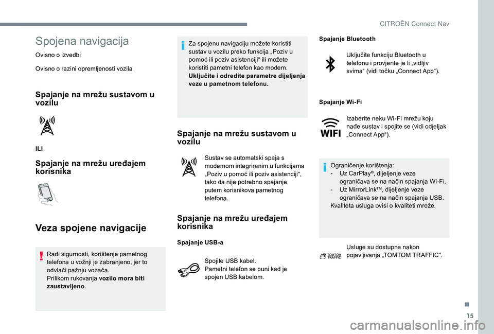 CITROEN C-ELYSÉE 2018 Upute Za Rukovanje (in Croatian) 15
Spojena navigacija
Ovisno o izvedbi
Ovisno o razini opremljenosti vozila
Spajanje na mrežu sustavom u
vozilu
ILI
Spajanje na mrežu uređajem
korisnika
Veza spojene navigacije
Radi sigurnosti, k CITROEN C-ELYSÉE 2018 Upute Za Rukovanje (in Croatian) 15
Spojena navigacija
Ovisno o izvedbi
Ovisno o razini opremljenosti vozila
Spajanje na mrežu sustavom u
vozilu
ILI
Spajanje na mrežu uređajem
korisnika
Veza spojene navigacije
Radi sigurnosti, k