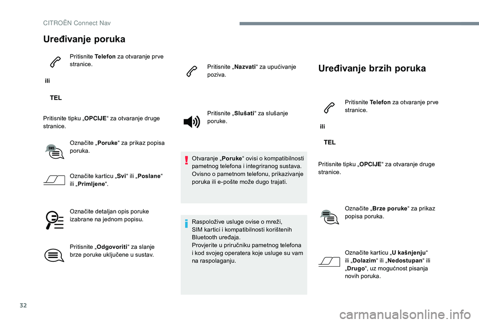 CITROEN C-ELYSÉE 2018  Upute Za Rukovanje (in Croatian) 32
Uređivanje poruka
 ili Pritisnite 
Telefon za otvaranje pr ve 
stranice.
Pritisnite tipku „ OPCIJE“ za otvaranje druge 
stranice.
Označite „ Poruke“ za prikaz popisa 
poruka.
Označite ka