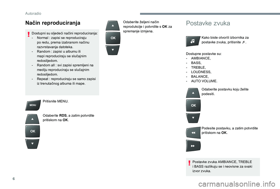 CITROEN C-ELYSÉE 2018  Upute Za Rukovanje (in Croatian) 6
Pritisnite MENU.
Odaberite RDS, a zatim potvrdite 
pritiskom na OK.
Postavke zvuka
Kako biste otvorili izbornika za 
postavke zvuka, pritisnite ¯ .
Postavke zvuka AMBIANCE, TREBLE 
i BASS razlikuju